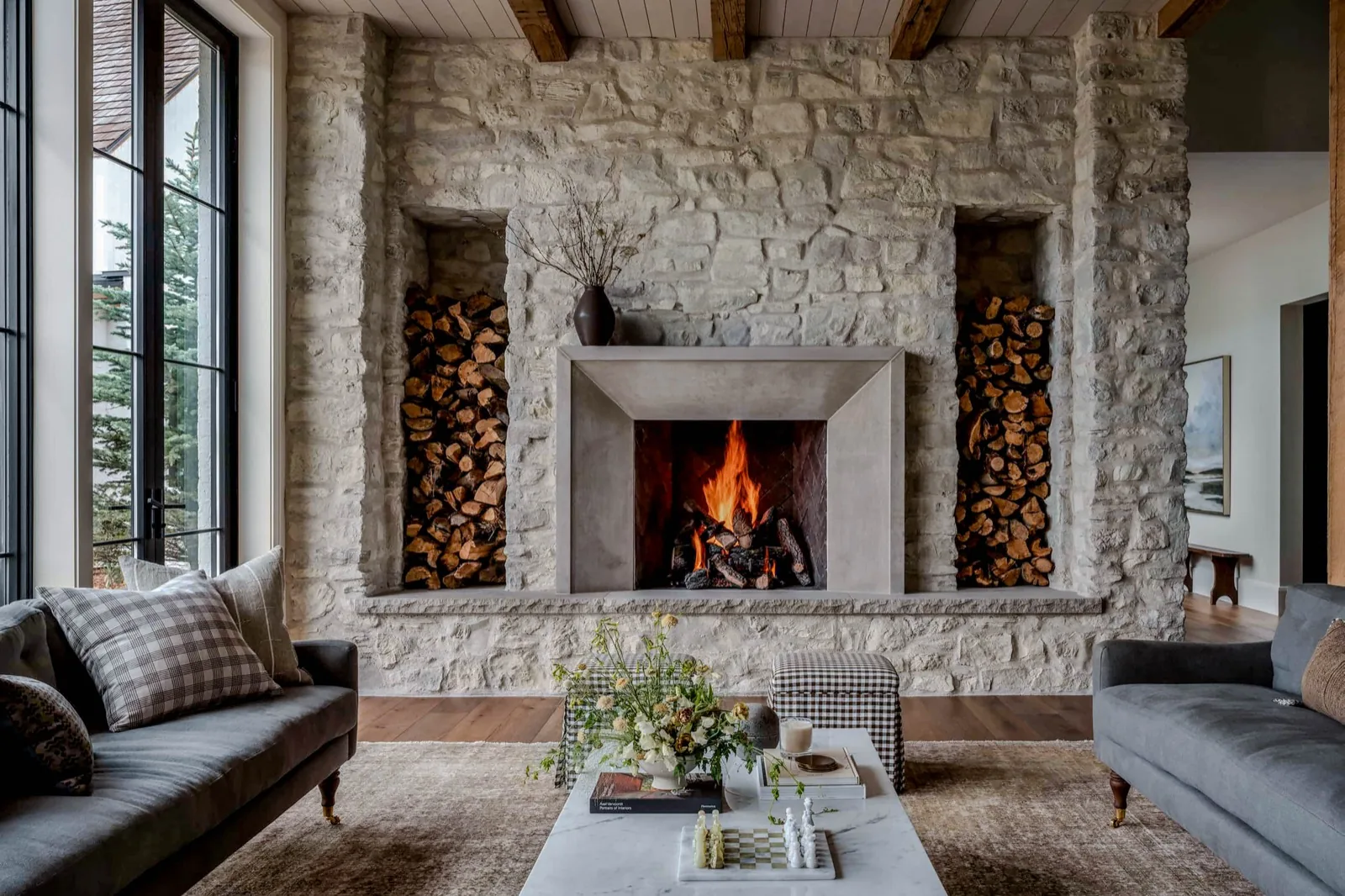 Stone veneer fireplace installed in a Southwest Montana home
