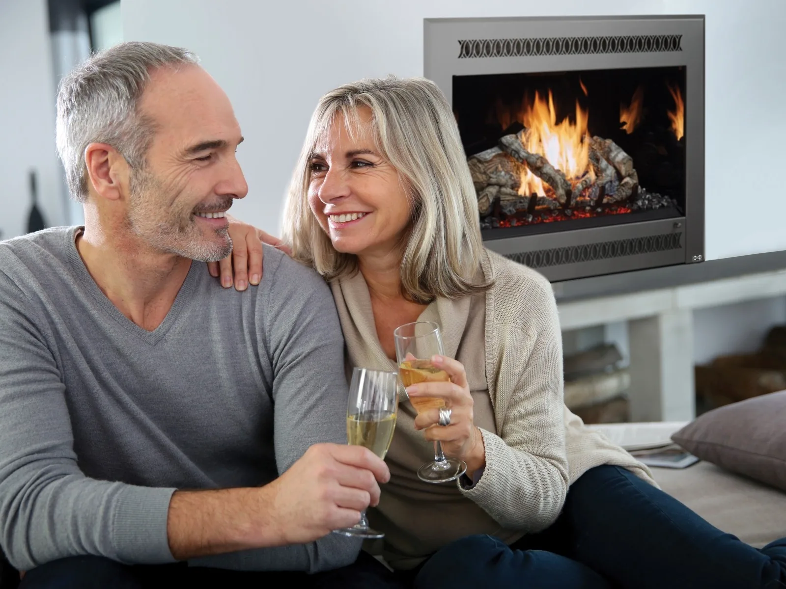 Travis gas fireplace burning in a Montana living room